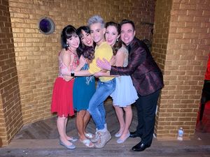 Frankie James Grande,  Courtney Reed, and Laura Osnes, Susan Egan, and Benjamin Rauha Photo