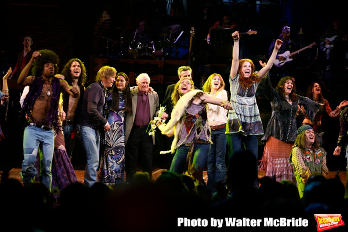 featured cast  members Megan Lawrence, Darius Nichols, Kacie Sheik, Sasha Allen, Gavin Creel, Will Swenson, Caissie Levy & Bryce Ryness with James Rado, Diane Paulus & Galt MacDermot   
during the Opening Night Performance Curtain Call for  HAIR: THE AMER at 