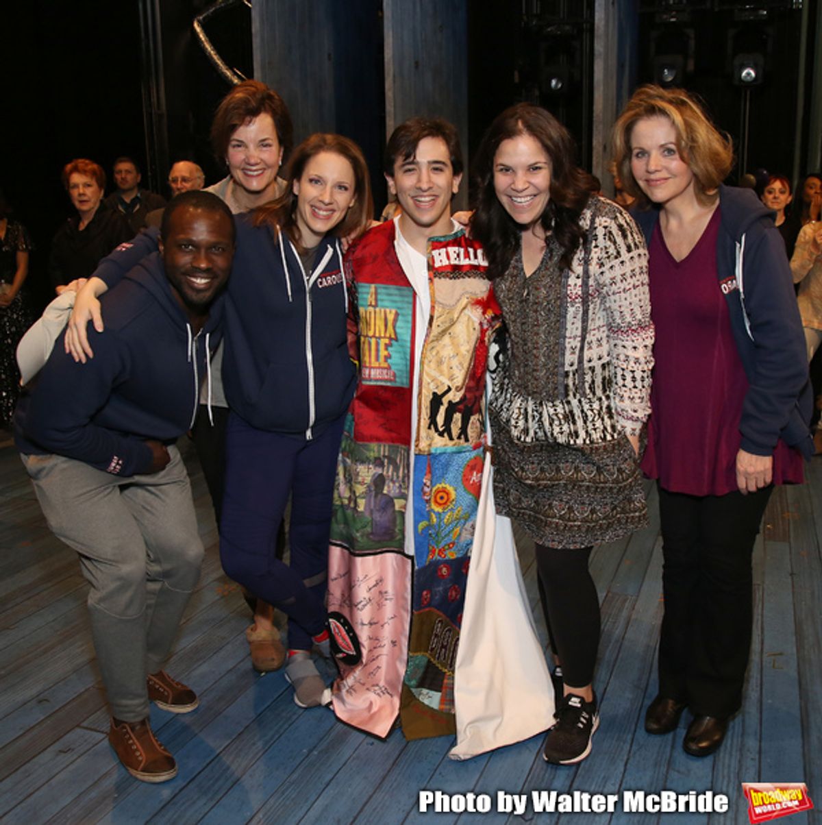 Jess Leprotto with Joshua Henry, Margaret Colin, Jessie Mueller, Lindsay Mendez and Renee Fleming during the Actors' Equity Broadway Opening Night Legacy Robe Ceremony honoring Jess LeProtto for 'Carousel' at the Imperial Theatre on April 12, 2018 in New  at 
