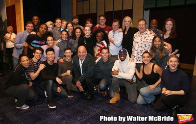 Director Casey Nicholaw  with the cast During the Actors' Equity Opening Night Legacy Photo