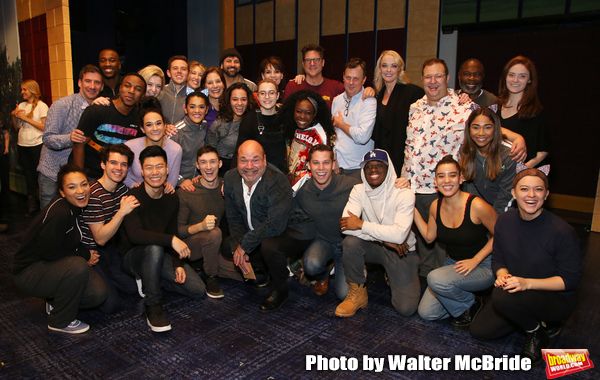 Director Casey Nicholaw  with the cast During the Actors' Equity Opening Night Legacy Photo