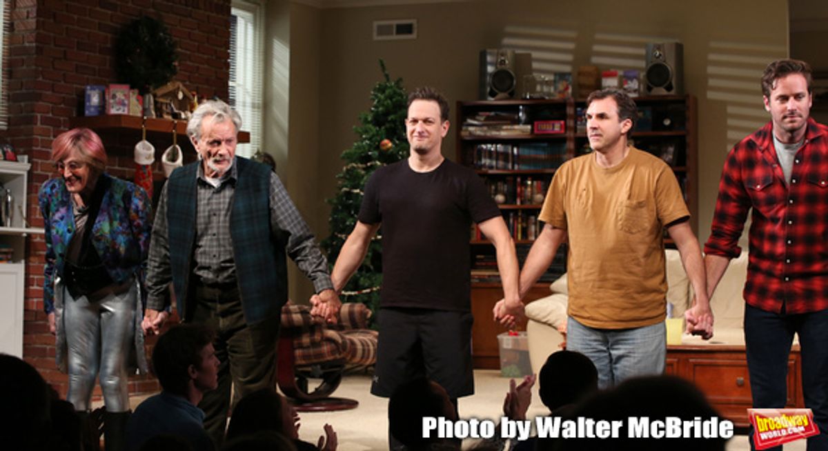 Kate Bornstein, Stephen Payne, Josh Charles, Paul Schneider and Armie Hammer during the Broadway opening night curtain Call of 'Straight White Men' at Hayes Theater on July 23, 2018 in New York City. at 