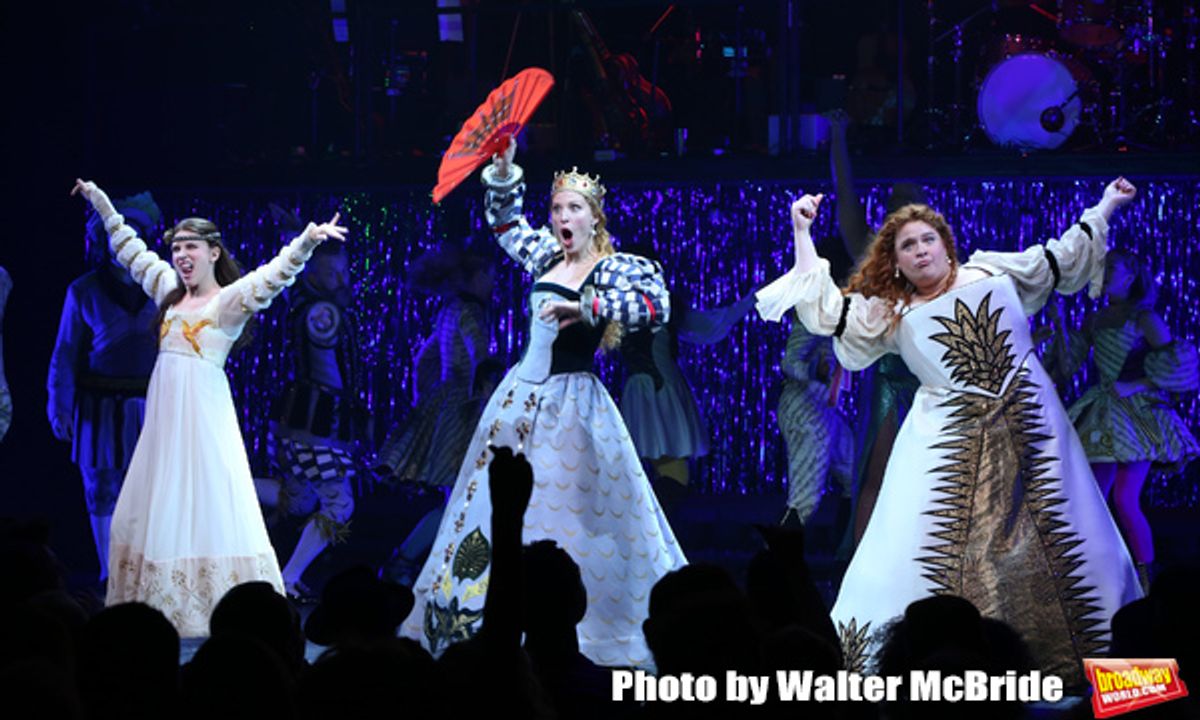 Alexandra Socha, Rachel York and Bonnie Milligan during the Opening Night Performance Curtain Call of 'Head Over Heels' at the Hudson Theatre on July 26, 2018 in New York City. at 