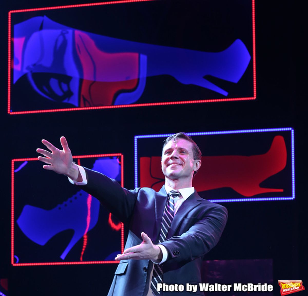 Jake Shears takes his curtain call bows during his  Broadway Debut In 'Kinky Boots' at the Al Hirschfeld Theatre on January 8, 2018 in New York City. at 