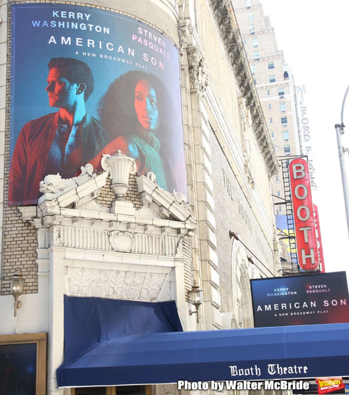 Theatre Marquee unveiling for Kerry Washington and  Steven Pasquale starring in 'American Son', written by Christopher Demos-Brown and directed by Kenny Leon at the Booth Theatre on August 24, 2018 in New York City. at 