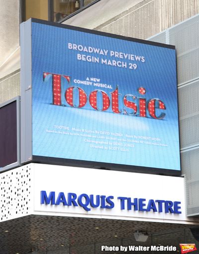 Theatre Marquee for "Tootsie". The show features an original score by David Yazbek, a Photo