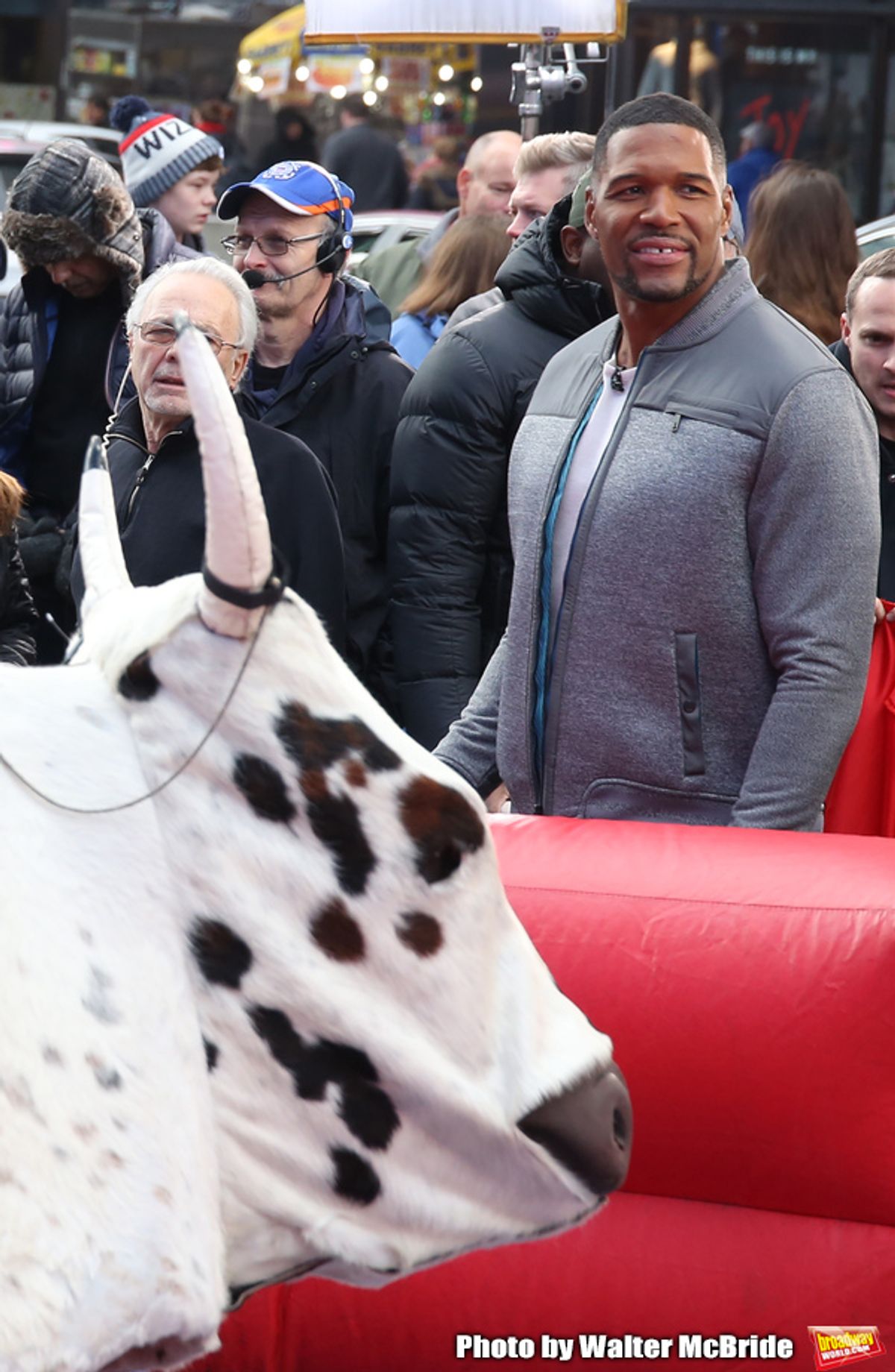 Michael Strahan riding a Mechanical Bull during a Good Morning America filming promoting PBR: Unleash the Beast in Times Square on January 4, 2019 in New York City. at 
