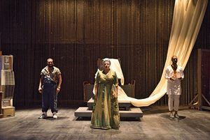 Omar Robinson as Paw Sidin, Julia Lema as Aunt Tina, and Jude Sandy as Deus @ BroadwayWorld Omar Robinson as Paw Sidin, Julia Lema as Aunt Tina, and Jude Sandy as Deus Photo