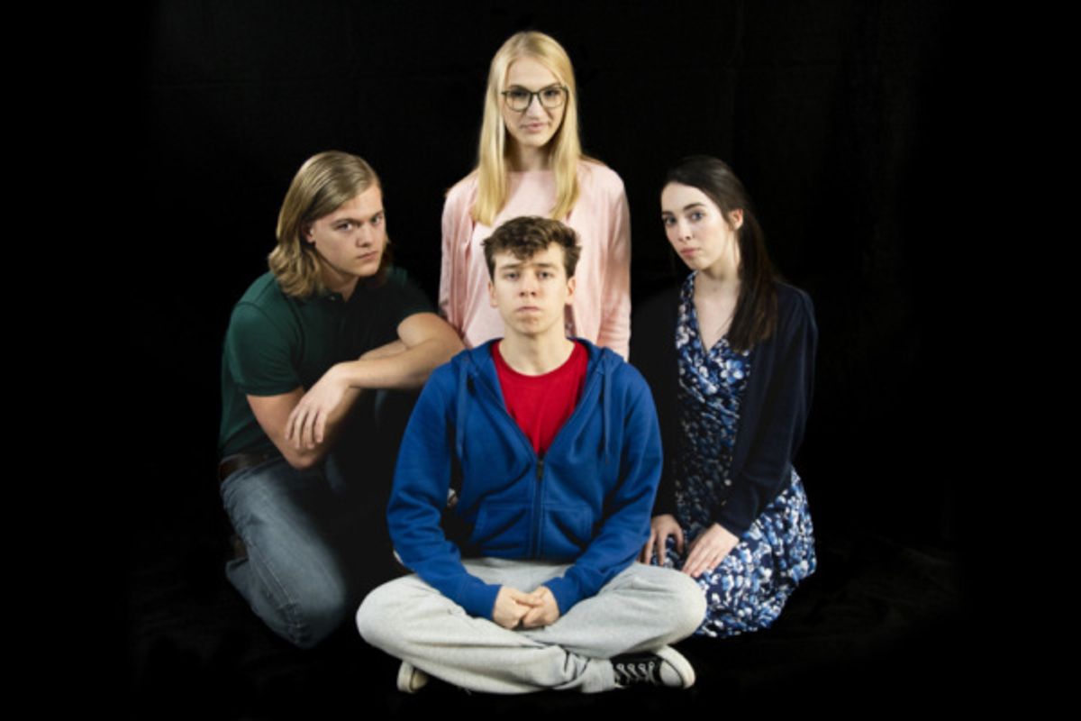Logan Beutel as Mr. Ed Boone, Fallon Goldsmith as Siobhan, Dylan Weand as Christopher John Francis Boone and Isabella Hamilton as Mrs. Judy Boone

photo by Jason Johnson-Spinos at 