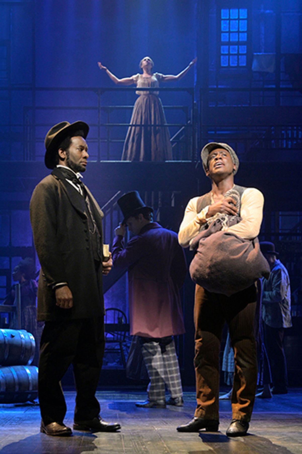 Daren A. Herbert (Rev. Samuel E. Cornish) and Sidney Dupont (William Henry Lane); (center) Ben Michael (Ensemble); and (background) Gabrielle McClinton (Angelina Baker) at 