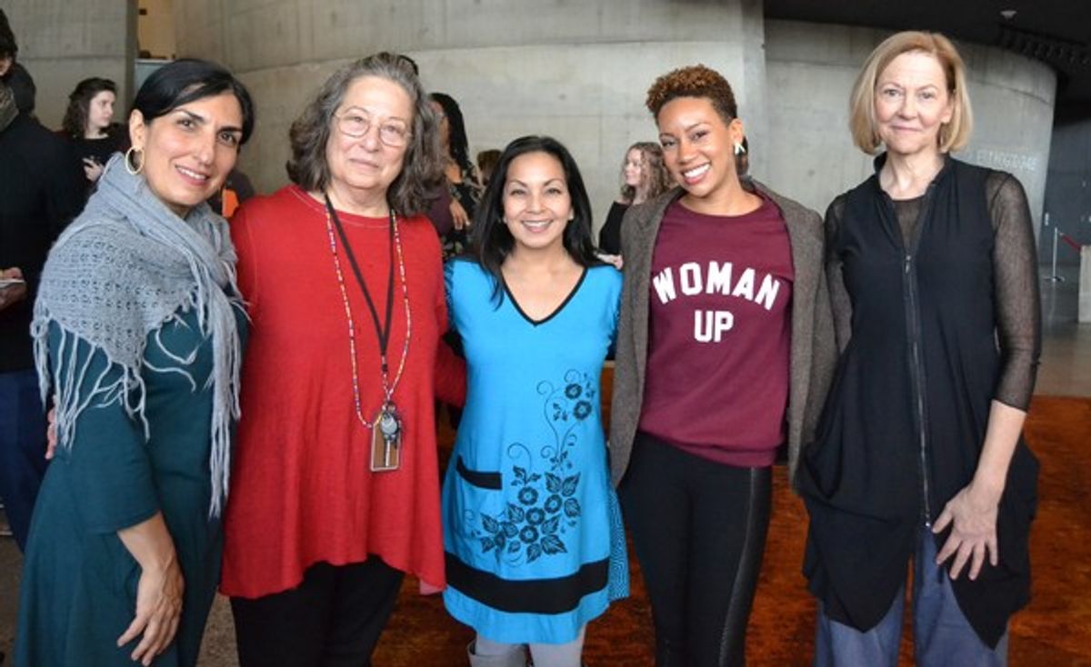 Janet Hayatshahi (Elizabeth Almond), Voice and Text Coach Jan Gist, Director Seema Sueko, Lorene Chesley (Marian Almond) and Kimberly Schraf (Maria) at 