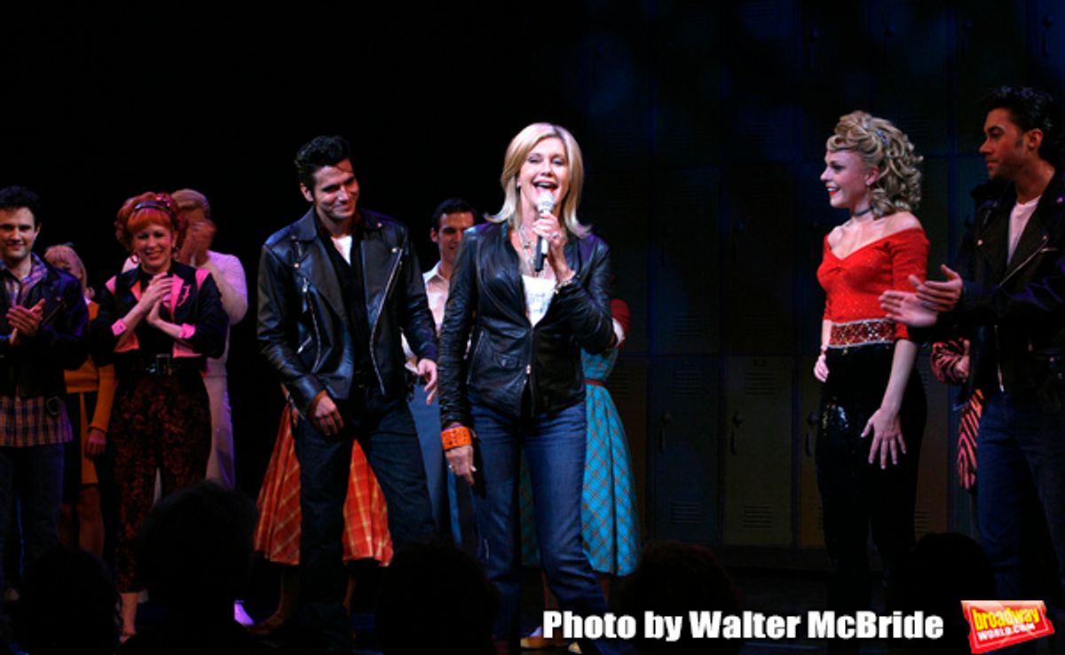 Olivia Newton-John is headed back to Rydell High to promote Breast Cancer Awareness after the Curtain Call for GREASE at the Brooks Atkinsoon Yheatre in New York City. 
October 7, 2008
( pictured: Olivia Newton John, Derek Keeling, Ashley Spencer,  Ace Yo at 