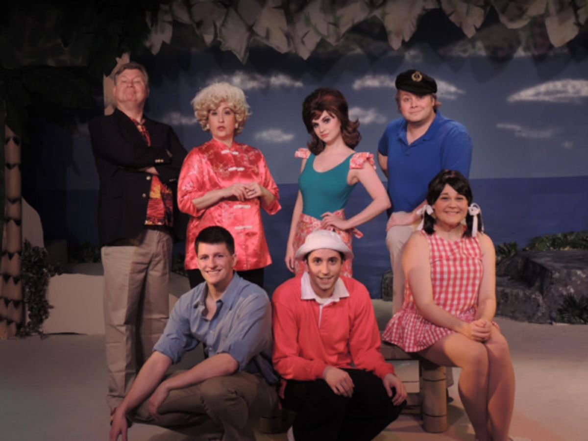 Front Row: Brandon Bedore as the Professor, Joseph Waeyaert as Gilligan, Megan E. West as Mary Ann; Back Row: Steve Steele as Thurstone Howell, Sarah Melinda as Lovey Howell, Alexis Krey as Ginger, and Jordan B. Stocksdale as Skipper at 