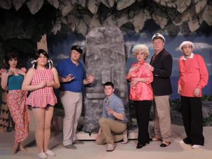 Castaways Face Down the Boca Grande - Alexis Krey as Ginger, Megan E. West as Mary Ann, Jordan B. Stocksdale as the Skipper, Brandon Bedore as the Professor, Sarah Melinda and Mrs. Howell, Steve Steele as Mr. Howell, and Joseph Waeyaert as Gilligan @ BroadwayWorld Castaways Face Down the Boca Grande - Alexis Krey as Ginger, Megan E. West as Mary An Photo