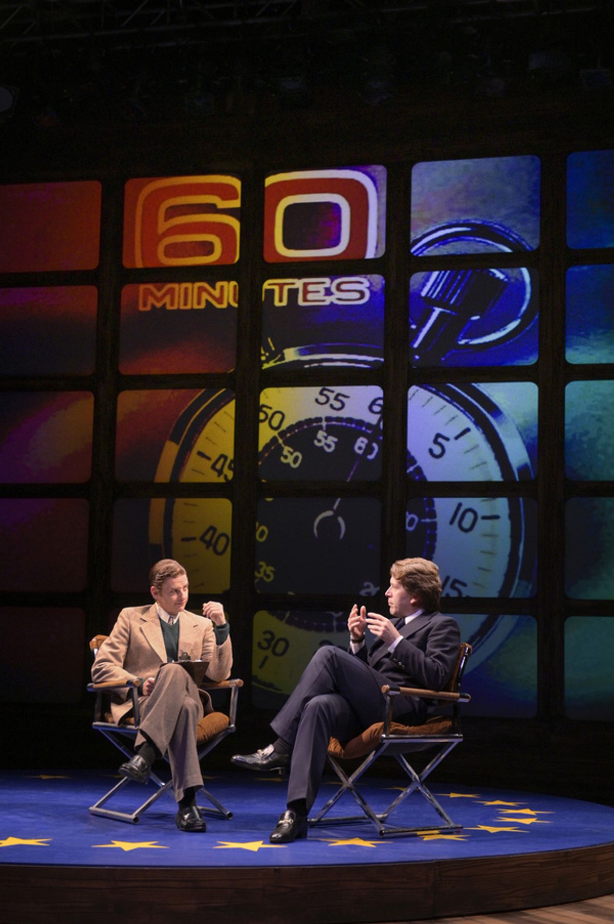 Mike Wallace (Patrick Russell) questions David Frost (Jeremy Webb)  at 