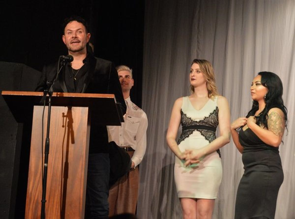 Matt Logan accepts the First Night Award for Outstanding Scenic Design (for Studio Tenn's FRANKENSTEIN) from Nicholas Ryan, Emily Maria Seifert and Kiana Schofill. at 