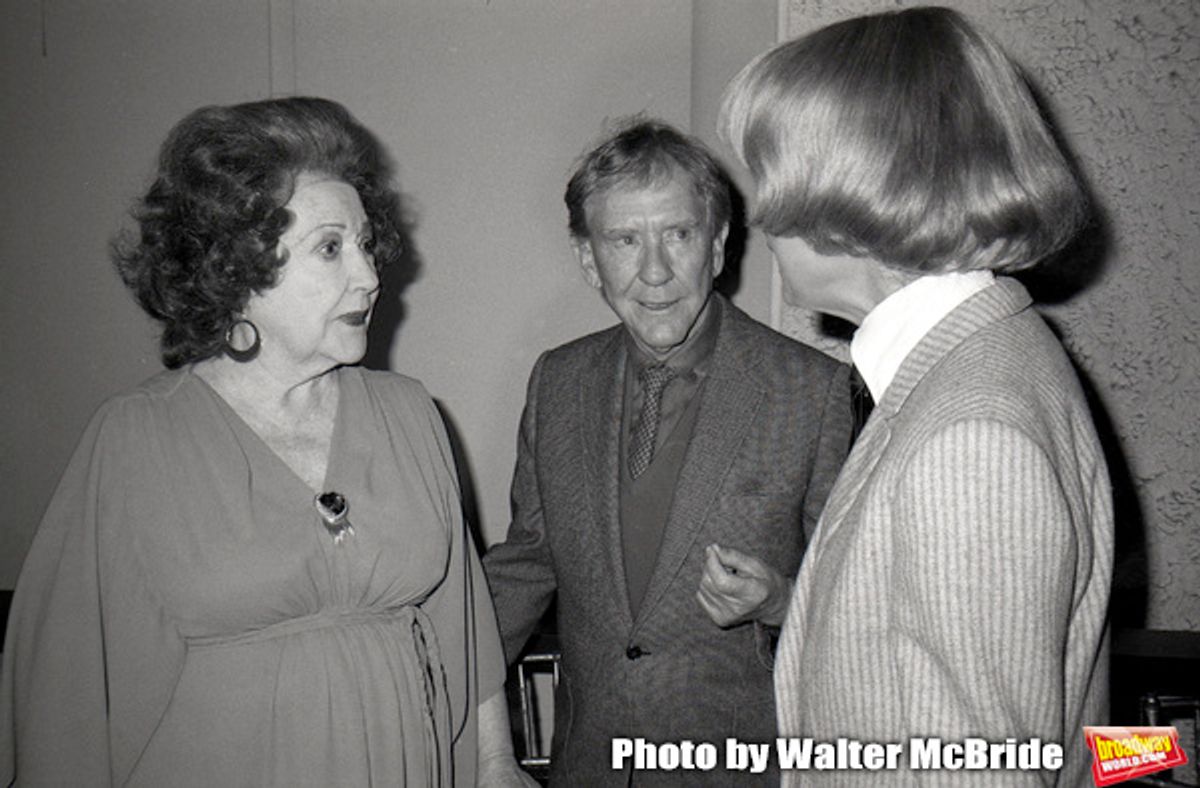 Ethel Merman, Burgess Meredith and Carol Channing  attend the Theatre Hall Of Fame Awards held on March 28, 1982 at the Uris Theater, now called the Gershwin Theater, New York City.  at 