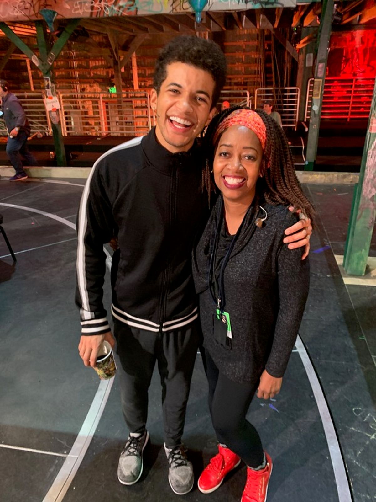 Jordan Fisher  as Mark Cohen and Jennifer Leigh Warren as Mrs. Cohen at 