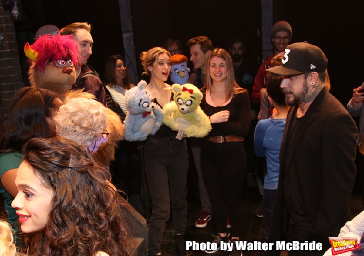 AJ McLean from the Backstreet Boys backstage with the cast and crew of  'Avenue Q'  at the New World Stages on January 27, 2019 in New York City.
 at 