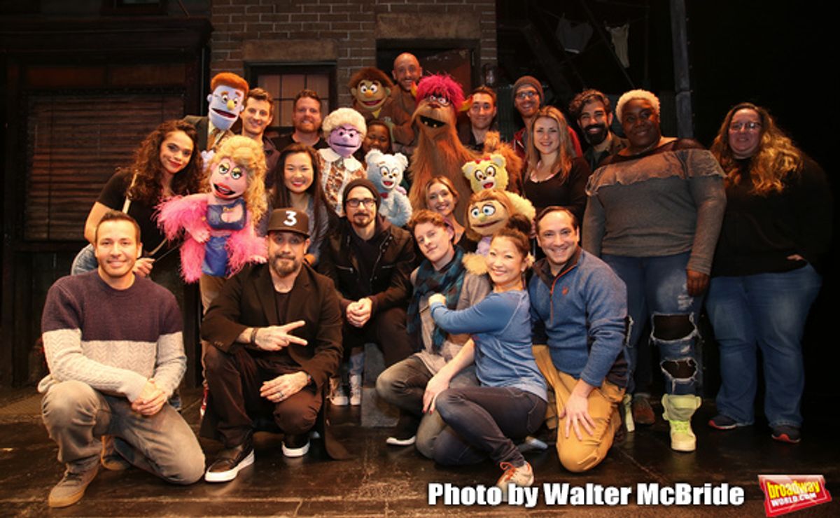 Howie Dorough, AJ McLean and Kevin Richardson from the Backstreet Boys backstage with the cast and crew of  'Avenue Q'  at the New World Stages on January 27, 2019 in New York City.
 at 