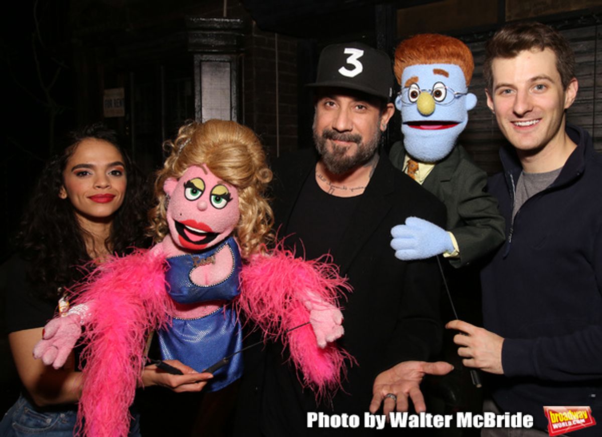 AJ McLean from the Backstreet Boys backstage with Gizel Jimenez and Matt Dengler from the cast of  'Avenue Q'  at the New World Stages on January 27, 2019 in New York City.
 at 