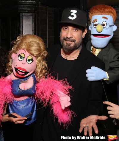AJ McLean from the Backstreet Boys backstage with  the cast of "Avenue Q"  at the New Photo