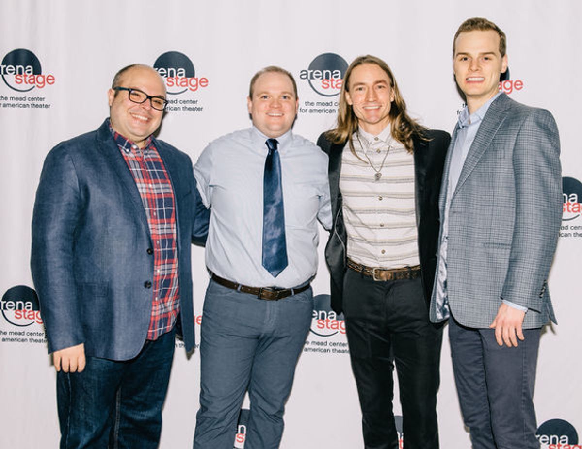 Tony Manna (Boris Berezovsky/Yuri Schmidt/Ensemble), Alex Piper (Platon Lebedev/Ensemble), Joseph Carlson (Leonid Nevzlin/Interpreter/Kuchma/Ensemble/Fight Captain) and John Austin (Valentine/Ensemble) at 