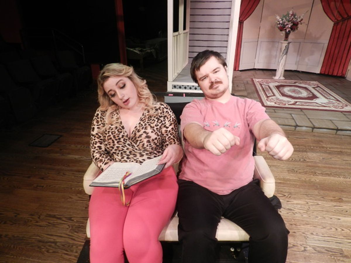 Suzanne Turpin (Shelby Snyder) tries to find a song to sing while her husband, Junior Turpin, (Glenn Muir) drives. at 