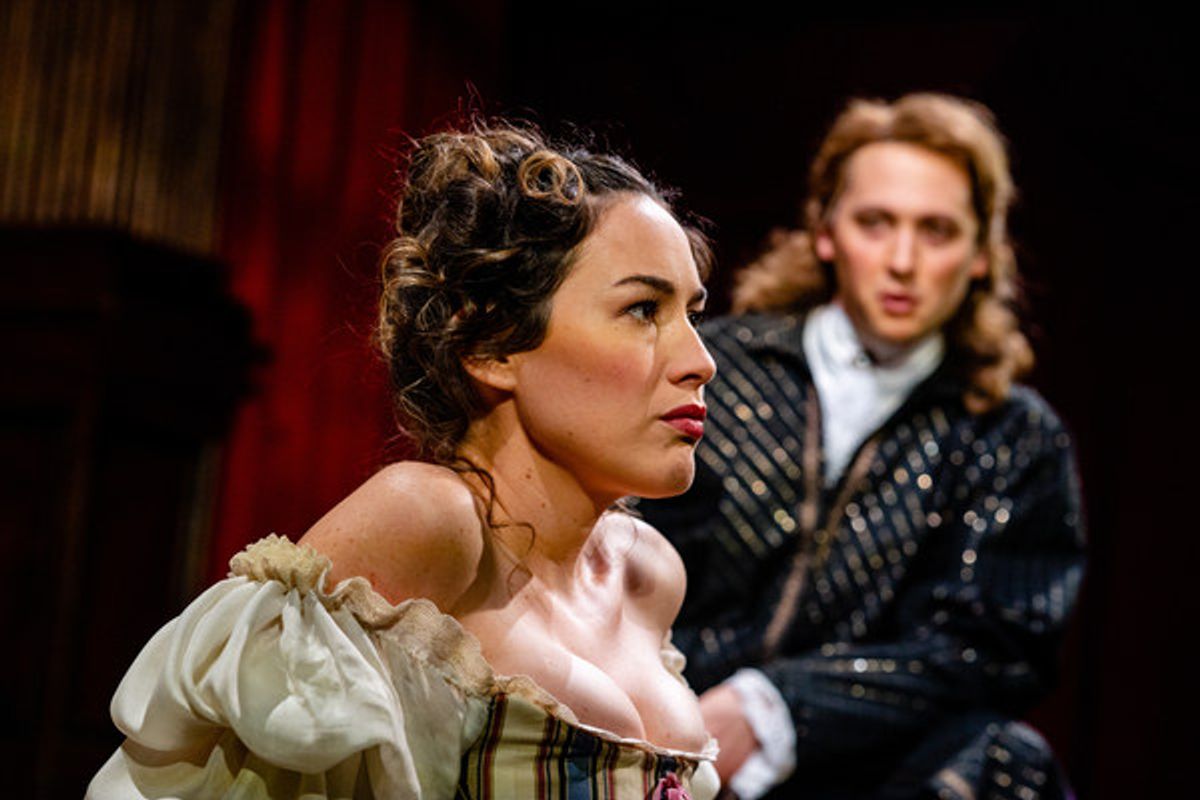  Leading actor Charles Hart (Quinn Franzen) gives Nell Gwynn (Alison Luff) acting lessons at 