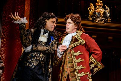 King Charles II (R.J. Foster, left) consults with Lord Arlington (Jeff Keogh) Photo