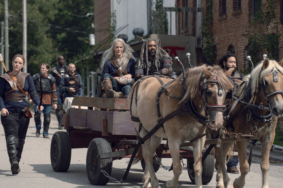 Melissa McBride as Carol Peletier, Khary Payton as Ezekiel, Cooper Andrews as Jerry at 