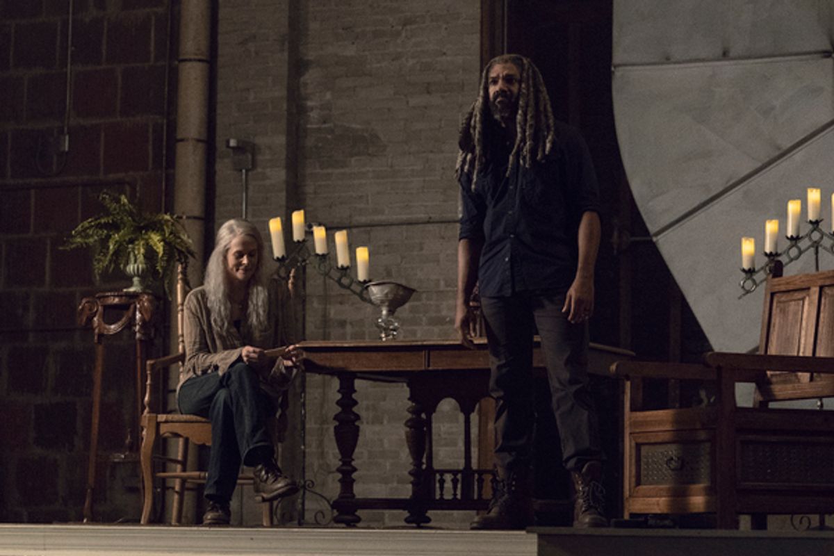 Khary Payton as Ezekiel, Melissa McBride as Carol Peletier at 