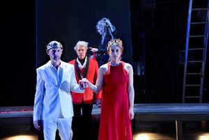 Mauro Hantman as Macbeth, Timothy Crowe as Duncan, Jeanine Kane as a Witch, and Julia Photo