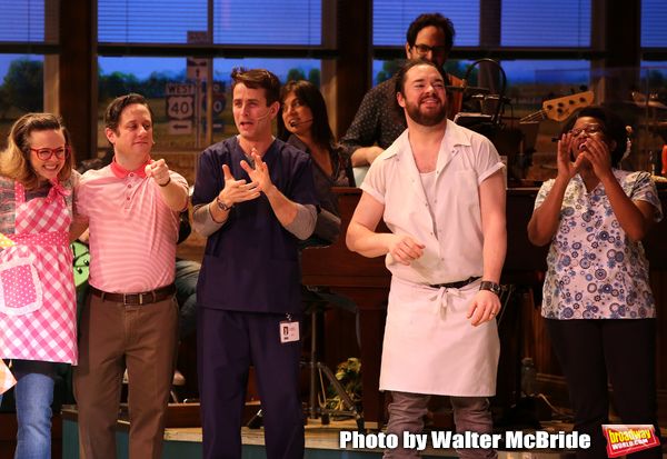Lenne Klingaman, Christopher Fitzgerald, Benny Elledge and cast with Joey McIntyre  Photo