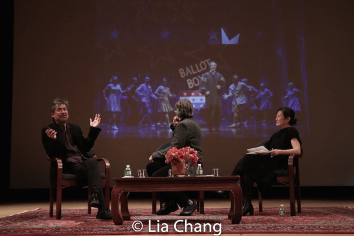 David Henry Hwang, Bartlett Sher and Karen Shimakawa discuss a scene from SOFT POWER featuring Jon Hoche and the company at 