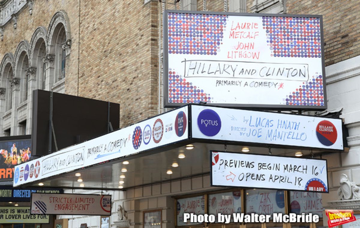 Theatre Marquee unveiling for Lucas Hnath's new drama 'Hillary & Clinton' starring Laurie Metcalf and John Lithgow with direction by Joe Mantello at the Golden Theatre on February 8, 2019 in New York City. at 