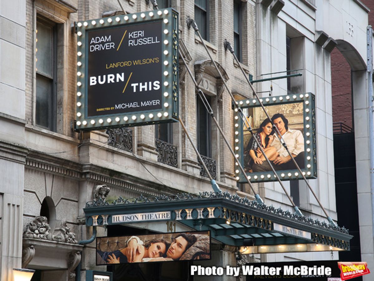 'Burn/This' starring Adam Driver and Keri Russell Theatre Marquee at the Hudson Theatre on February 8, 2019 in New York City. at 