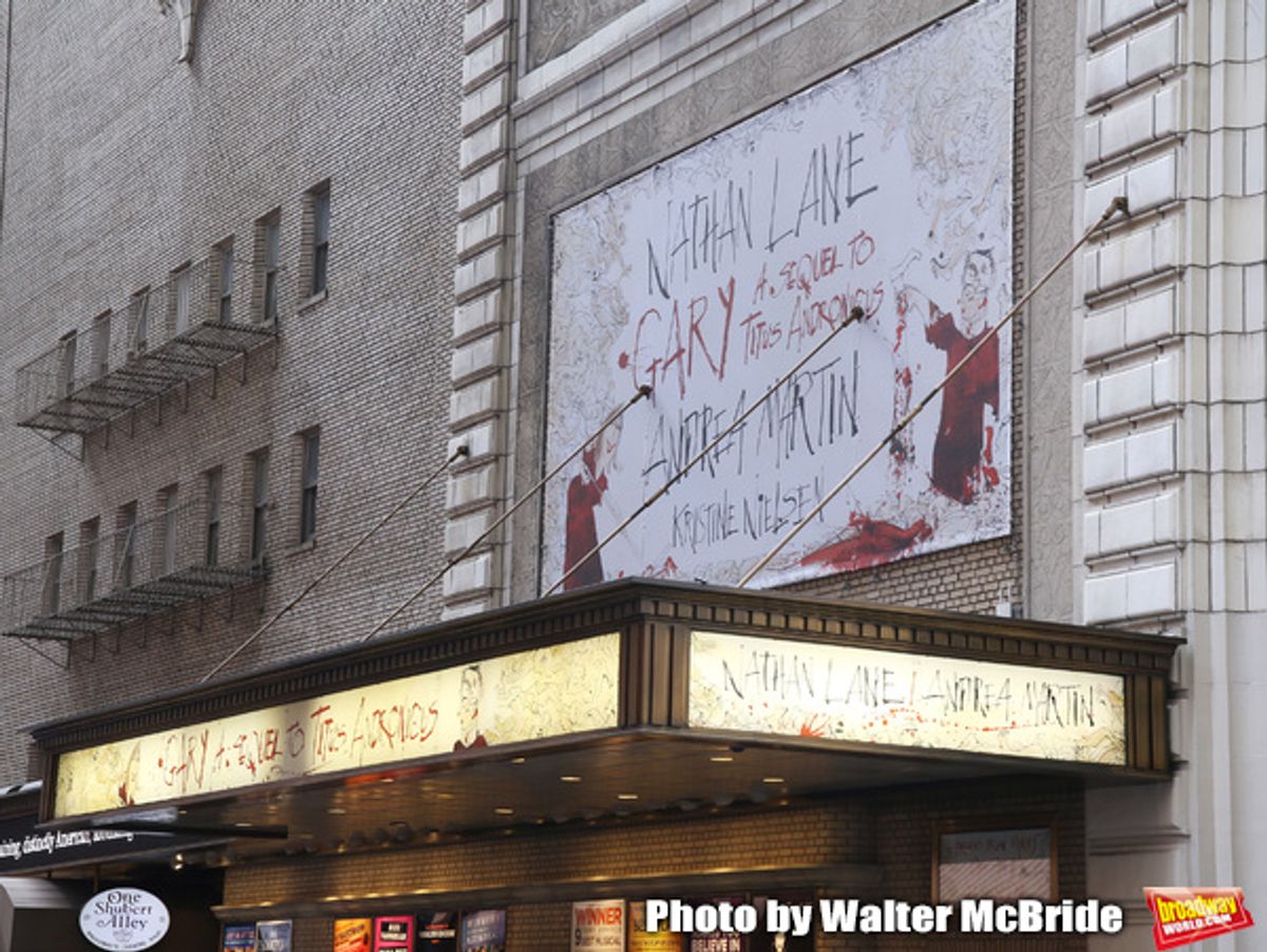 Theatre Marquee unveiling for the Taylor Mac Comedy 'Gary: A Sequel to Titus Andronicus' starring Nathan Lane and Andrea Martin with direction by George C. Wolfe and art work by Ralph Steadman at the Booth Theatre on February 8, 2019 in New York City. at 