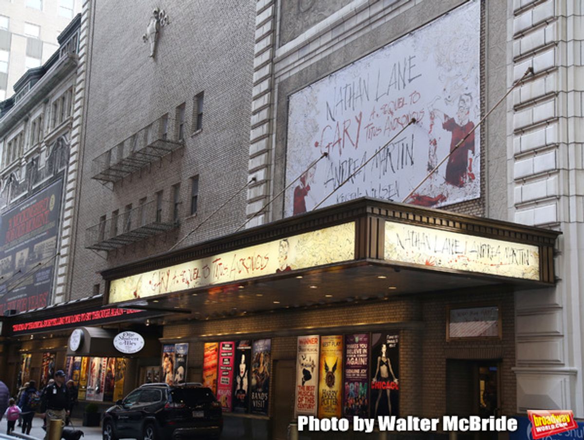 Theatre Marquee unveiling for the Taylor Mac Comedy 'Gary: A Sequel to Titus Andronicus' starring Nathan Lane and Andrea Martin with direction by George C. Wolfe and art work by Ralph Steadman at the Booth Theatre on February 8, 2019 in New York City. at 