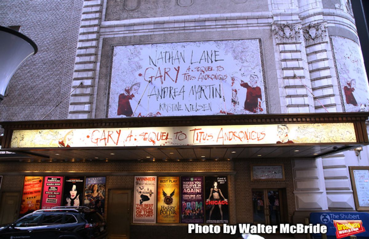 Theatre Marquee unveiling for the Taylor Mac Comedy 'Gary: A Sequel to Titus Andronicus' starring Nathan Lane and Andrea Martin with direction by George C. Wolfe at the Booth Theatre on February 8, 2019 in New York City. at 