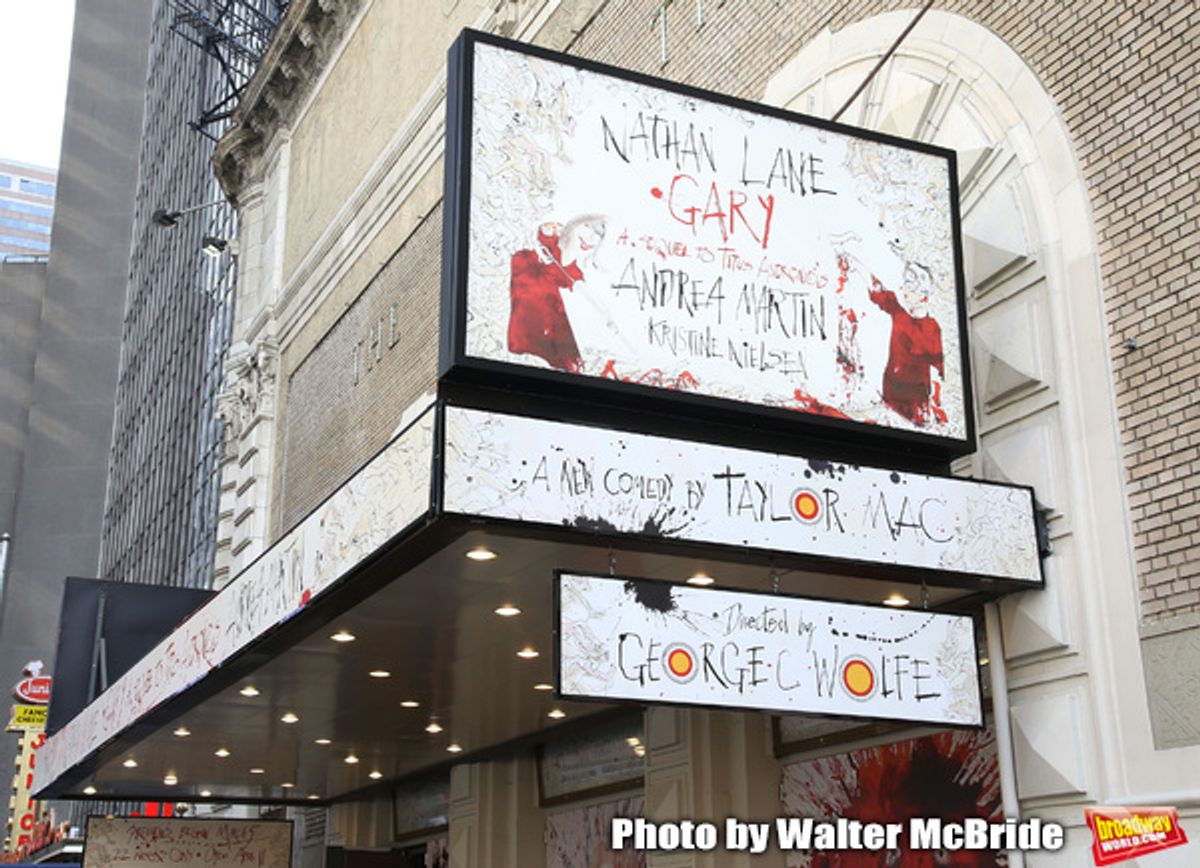 Theatre Marquee unveiling for the Taylor Mac Comedy 'Gary: A Sequel to Titus Andronicus' starring Nathan Lane and Andrea Martin with direction by George C. Wolfe at the Booth Theatre on February 8, 2019 in New York City. at 