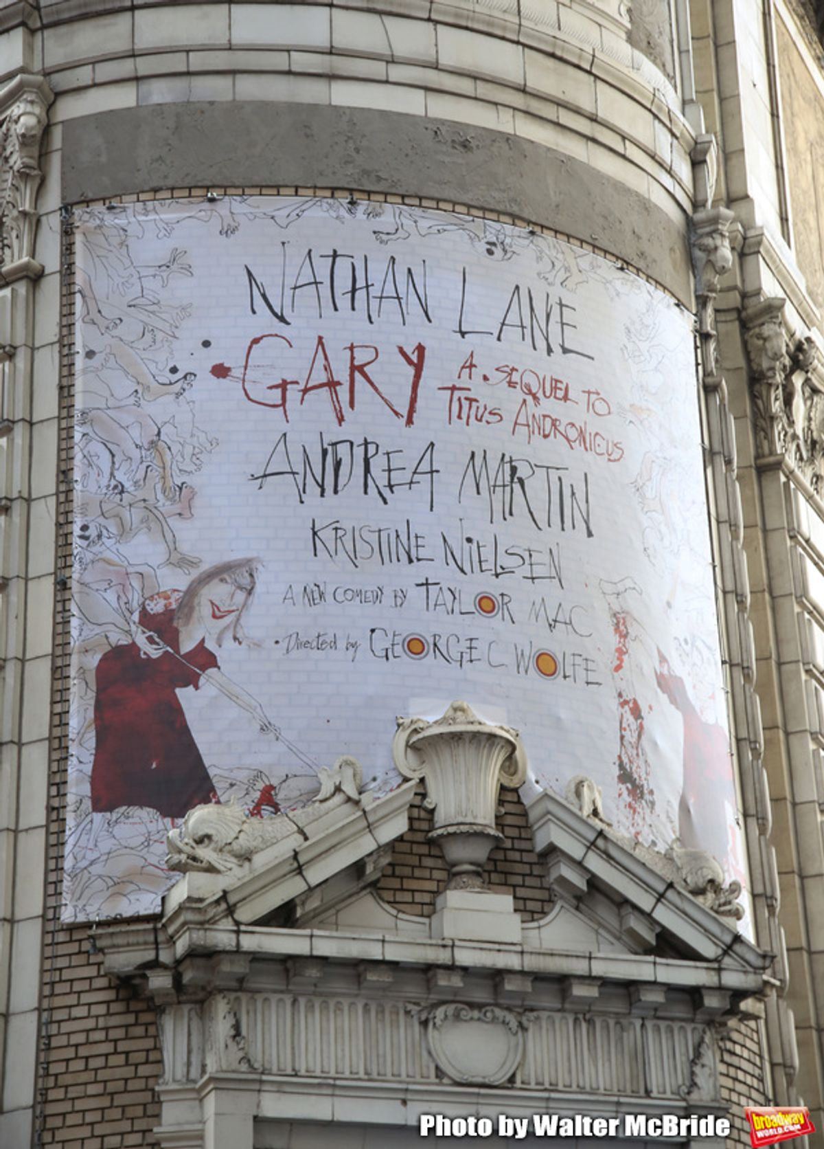Theatre Marquee unveiling for the Taylor Mac Comedy 'Gary: A Sequel to Titus Andronicus' starring Nathan Lane and Andrea Martin with direction by George C. Wolfe at the Booth Theatre on February 8, 2019 in New York City. at 