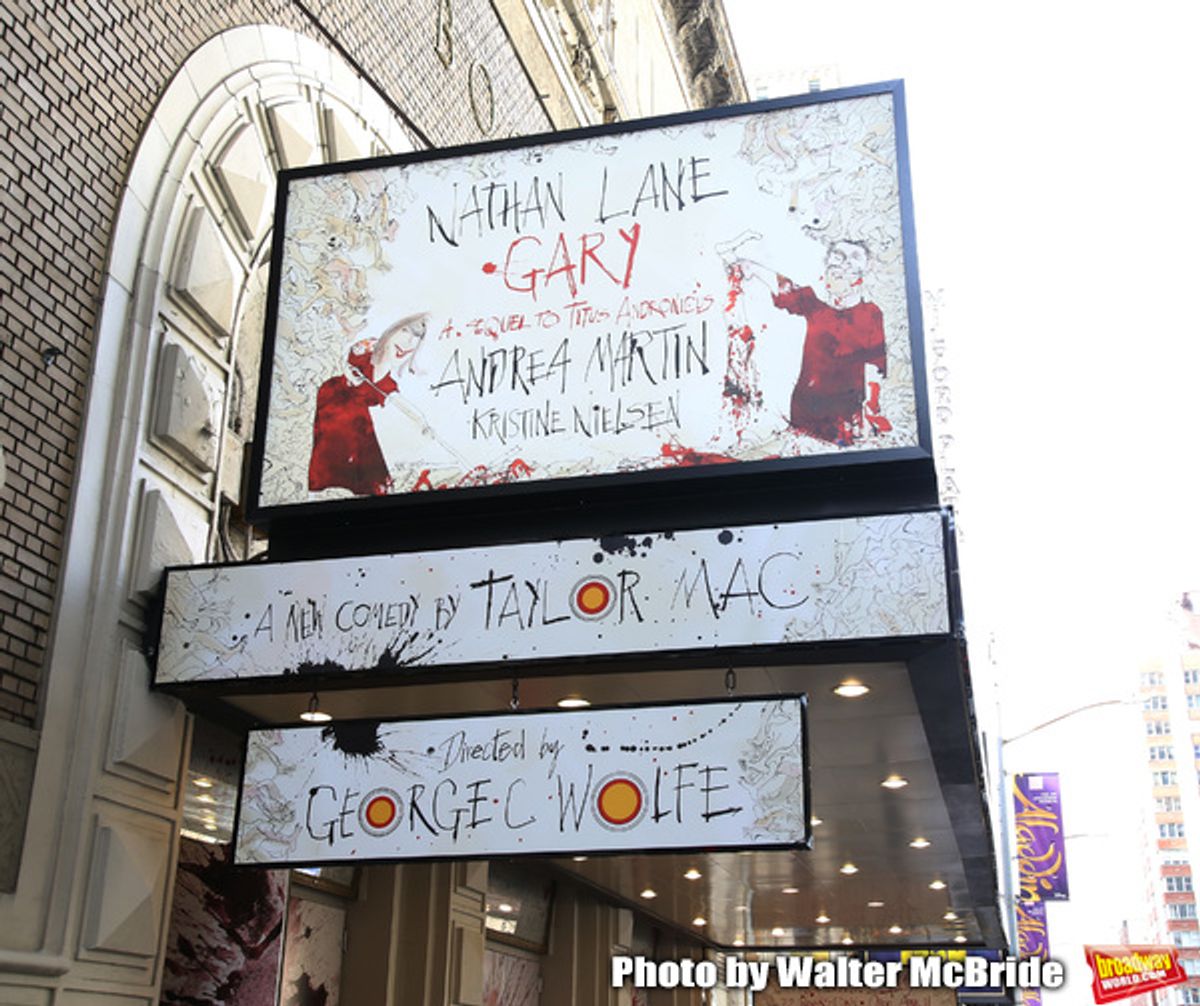 Theatre Marquee unveiling for the Taylor Mac Comedy 'Gary: A Sequel to Titus Andronicus' starring Nathan Lane and Andrea Martin with direction by George C. Wolfe and art work by Ralph Steadman at the Booth Theatre on February 8, 2019 in New York City. at 