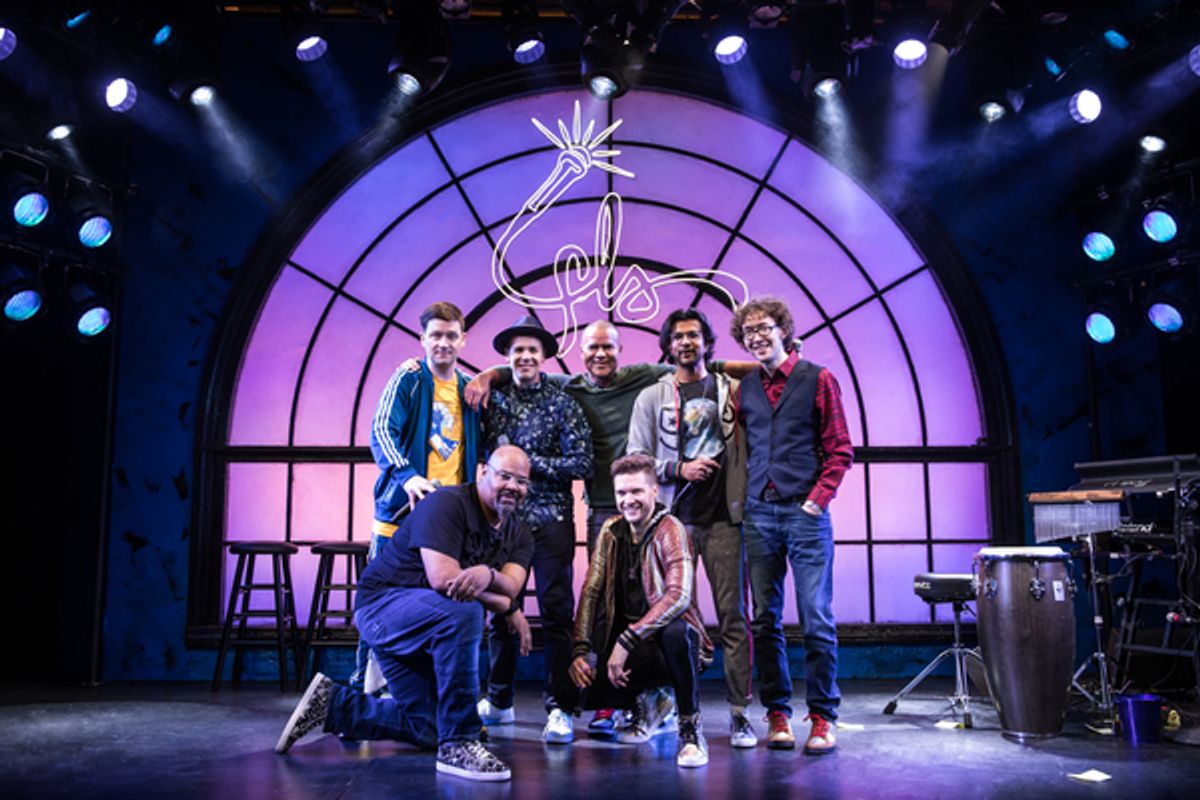 James Monroe Iglehart, Andrew Bancroft. Second row: Chris Sullivan, Anthony Veneziale, Christopher Jackson, Utkarsh Ambudkar, Arthur Lewis at 