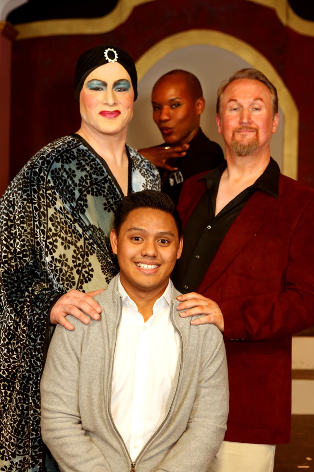 Zachary Allen Farmer (Albin/Zaza), Kevin Corpuz (Jean-Michel, in front), Tielere Cheatem (Jacob, in back), and Robert Doyle (Georges) at 