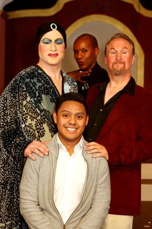 Zachary Allen Farmer (Albin/Zaza), Kevin Corpuz (Jean-Michel, in front), Tielere Cheatem (Jacob, in back), and Robert Doyle (Georges) @ BroadwayWorld Zachary Allen Farmer (Albin/Zaza), Kevin Corpuz (Jean-Michel, in front), Tielere Chea Photo