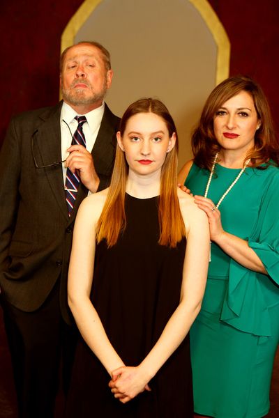 Kent Coffel (M. Dindon), Zora Vredeveld (Anne, in front), and Mara Bollini (Mme. Dind Photo