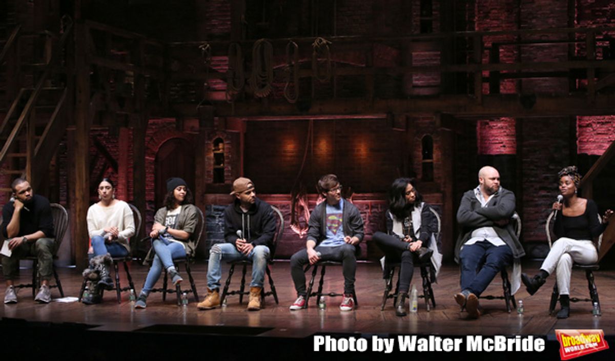 Sean Green Jr., Lauren Boyd, Sasha Hollinger, Terrance Spencer, Thayne Jasterson, Raven Thomas, Greg Treco and Denee Benton during the ''Hamilton'' eduHAM Student Matinee Q & A  at the Richard Rodgers Theatre on February 13, 2019 in New York City.  at 