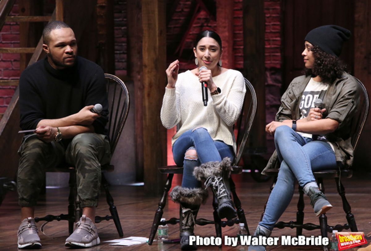 Sean Green Jr., Lauren Boyd and Sasha Hollinger during the ''Hamilton'' eduHAM Student Matinee Q & A  at the Richard Rodgers Theatre on February 13, 2019 in New York City.  at 