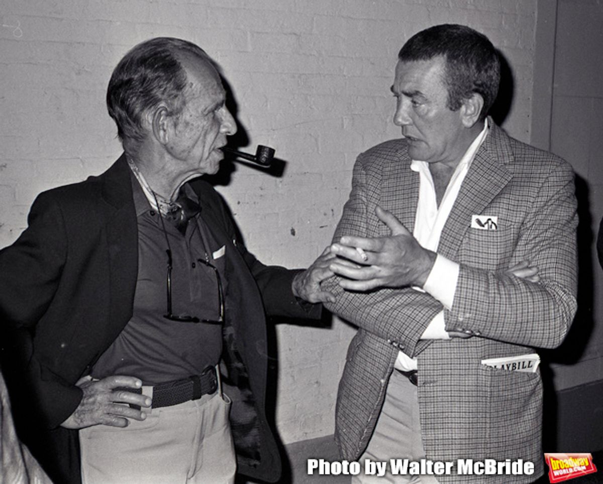 Hume Cronyn and Albert Finney attend a Broadway show  on May 1, 1983 in New York City. at 